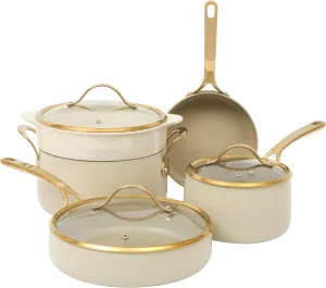 8 Piece Pots and Pans Heavy Duty Aluminum Premium PFA Free Ceramic Nonstick Dutch Oven Pot w/Lid - Almond Cream w/Gold Handle