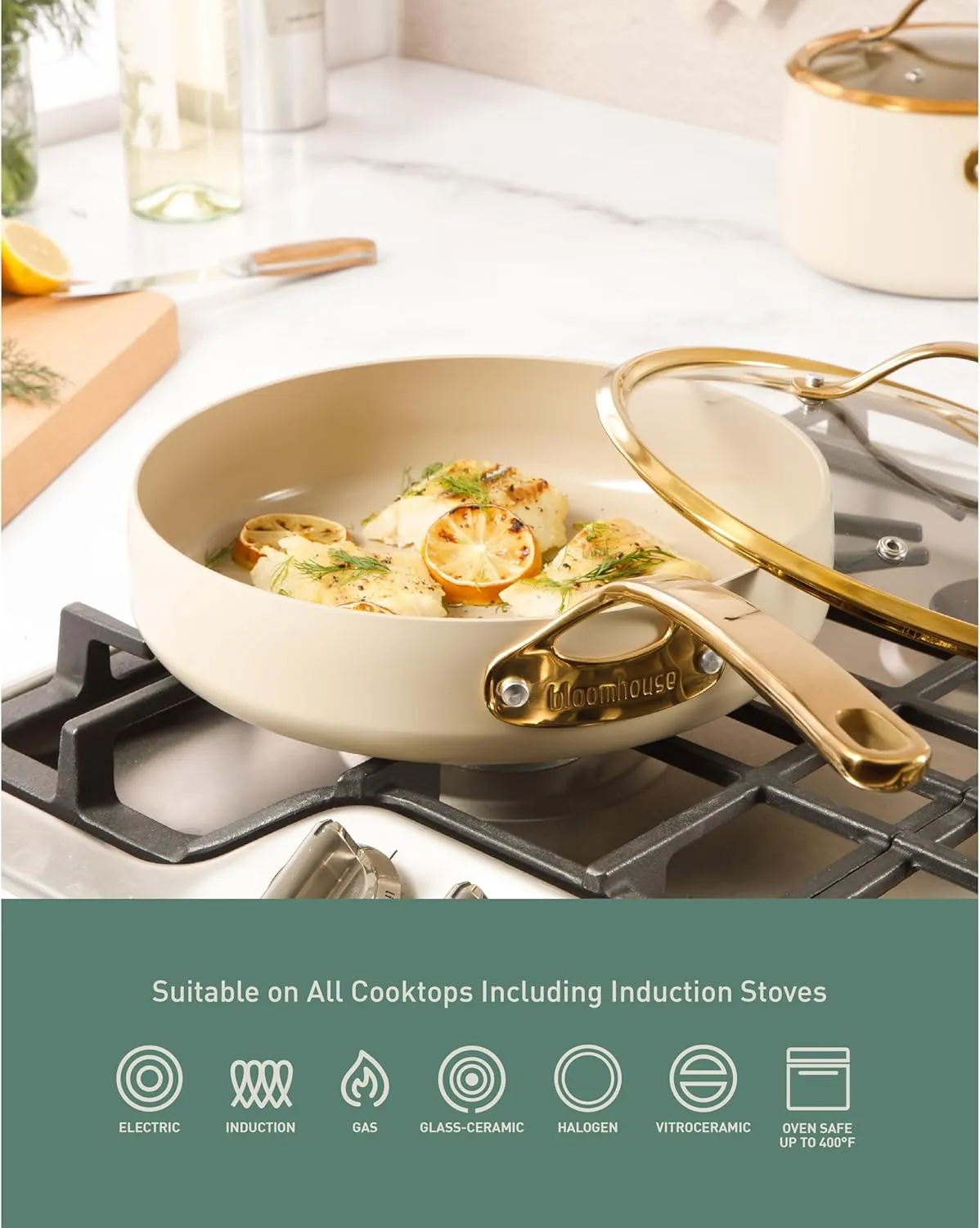 8 Piece Pots and Pans Heavy Duty Aluminum Premium PFA Free Ceramic Nonstick Dutch Oven Pot w/Lid - Almond Cream w/Gold Handle
