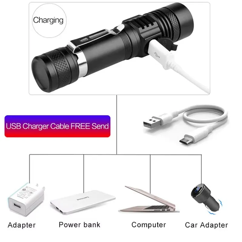 8000LM LED Flashlight Zoomable Torch USB Rechargeable LED Torch Powerful Flashlight Use 18650 Rechargeable Battery