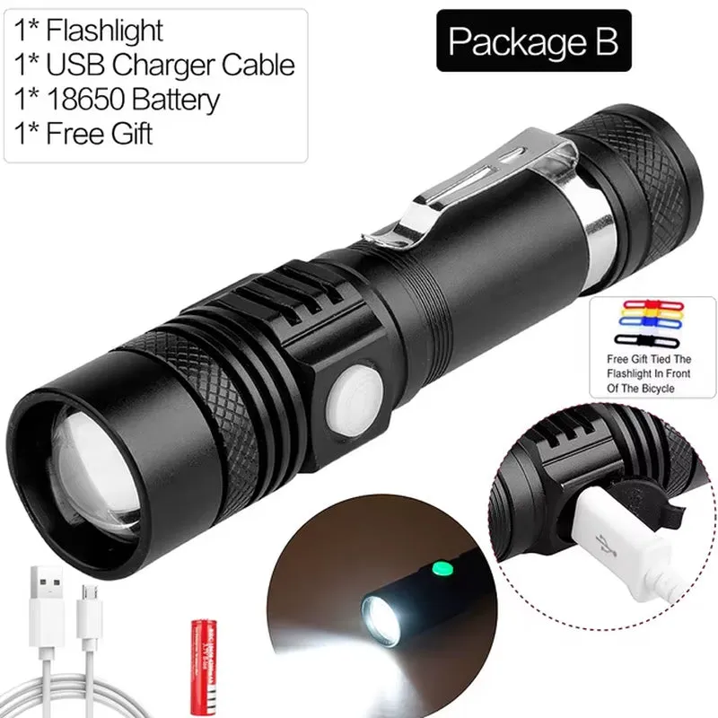 8000LM LED Flashlight Zoomable Torch USB Rechargeable LED Torch Powerful Flashlight Use 18650 Rechargeable Battery