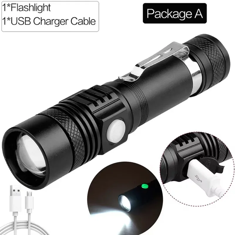 8000LM LED Flashlight Zoomable Torch USB Rechargeable LED Torch Powerful Flashlight Use 18650 Rechargeable Battery