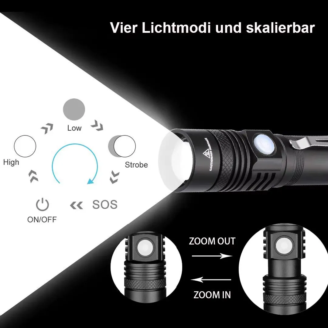 8000LM LED Flashlight Zoomable Torch USB Rechargeable LED Torch Powerful Flashlight Use 18650 Rechargeable Battery