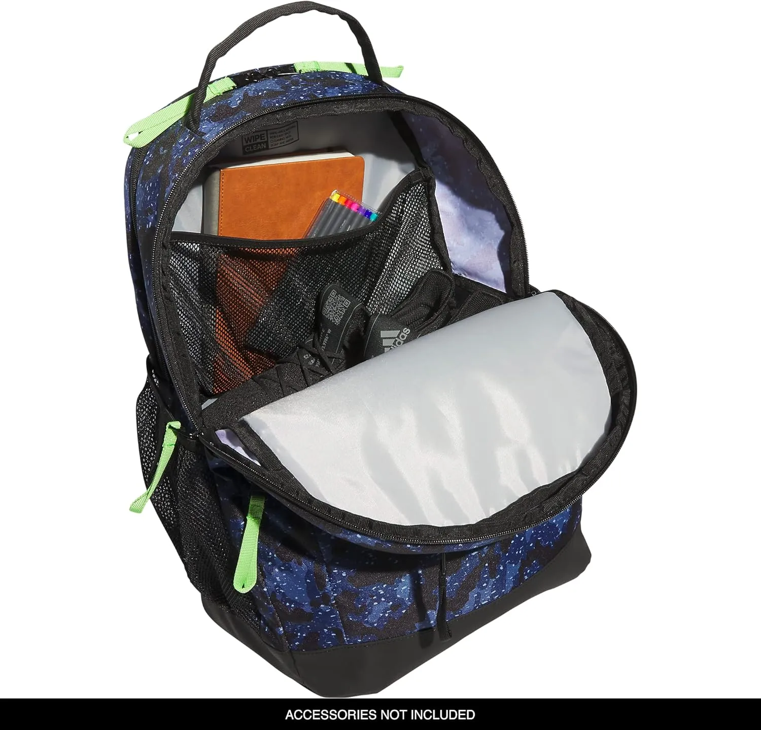 adidas Adaptive Backpack Large Features for Independent Dressing and Ease of use, Galaxy Camo Dark Blue/Lucid Lime Green, One Size