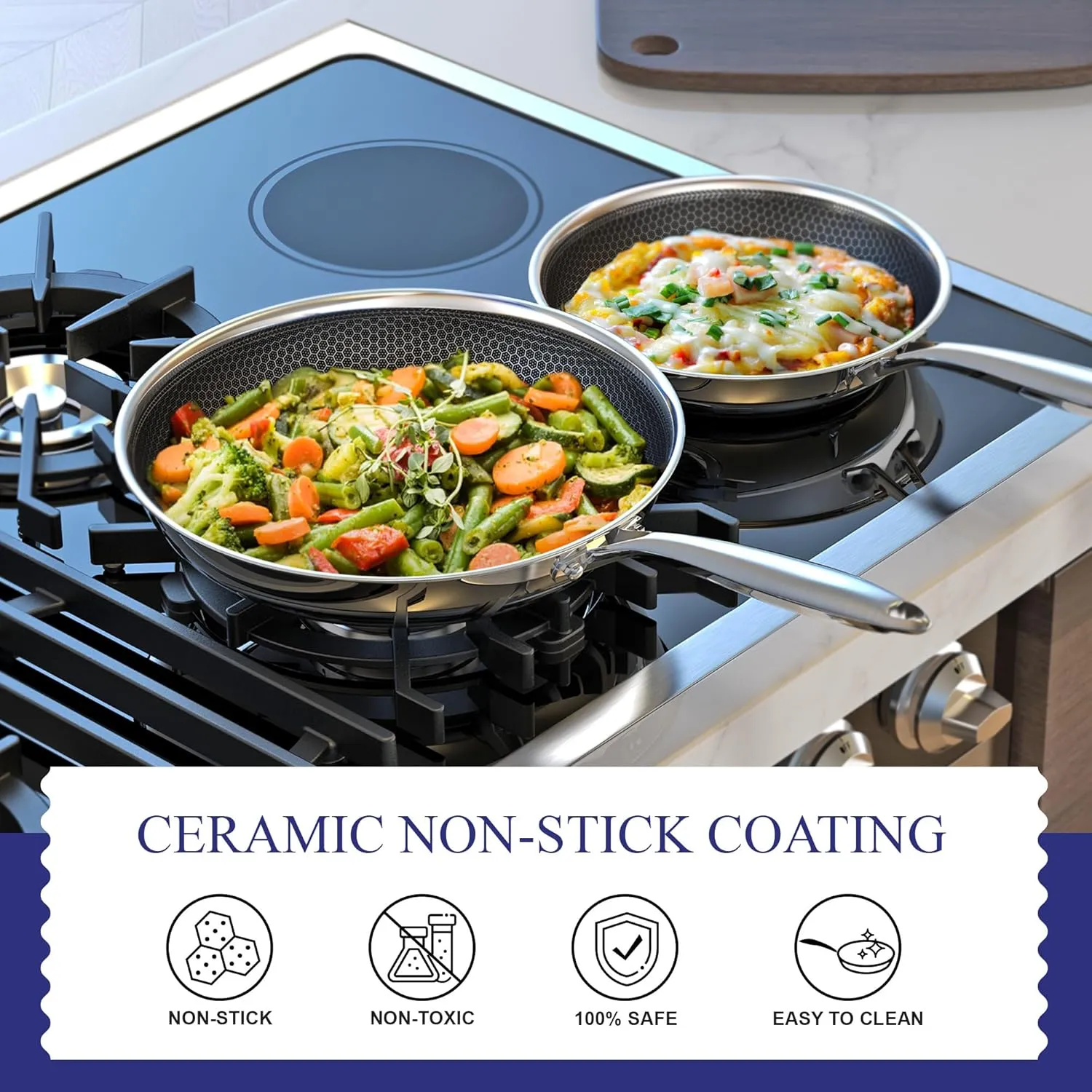 Advanced Nonstick Ceramic Cookware Set - Hybrid Tech, 8,10,12 Inch Frying Pans, PFAS-Free, Compatible with All Cooktops