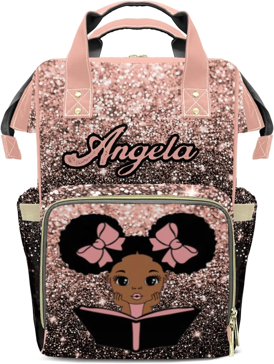 African Girl Reading Mummy Bags Custom Personalized with Name Diaper Bags Backpack Nappy Bag Gifts Bling Print