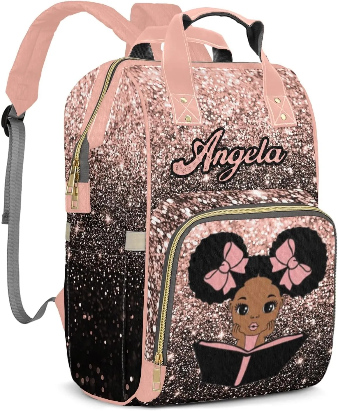 African Girl Reading Mummy Bags Custom Personalized with Name Diaper Bags Backpack Nappy Bag Gifts Bling Print