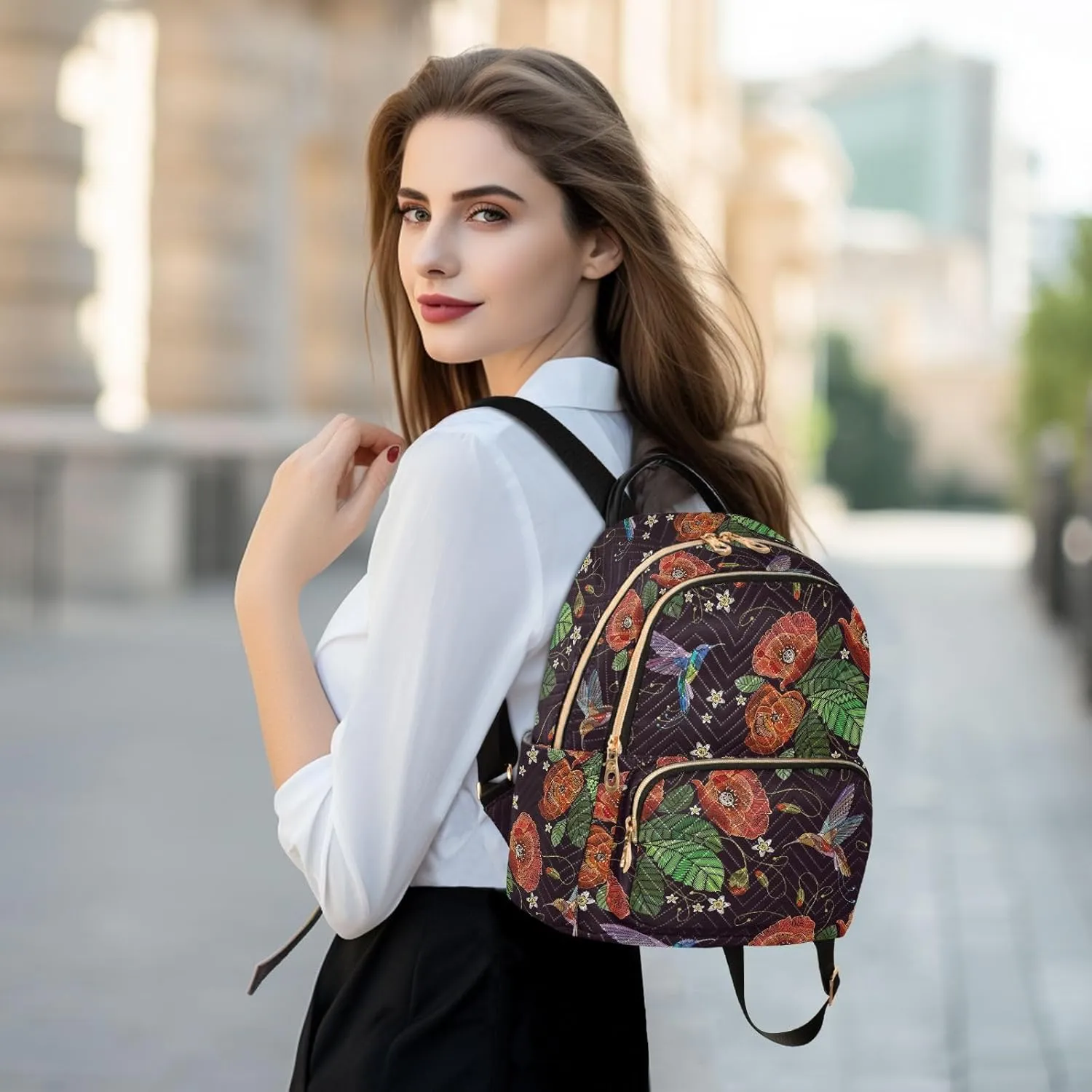 ALAZA Mini Backpack for Women, Humming Birds Red Poppies Travel Backpack Purse for Ladies, Small Bookbag Daypack Shoulder Bag M