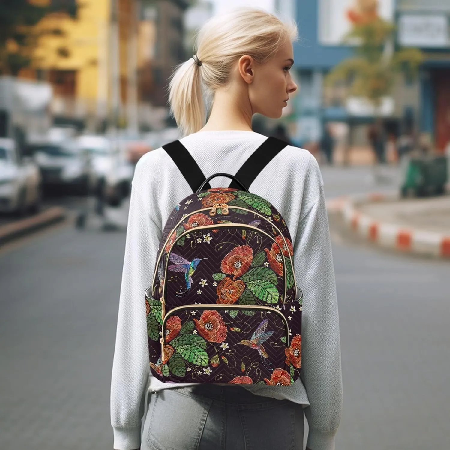 ALAZA Mini Backpack for Women, Humming Birds Red Poppies Travel Backpack Purse for Ladies, Small Bookbag Daypack Shoulder Bag M