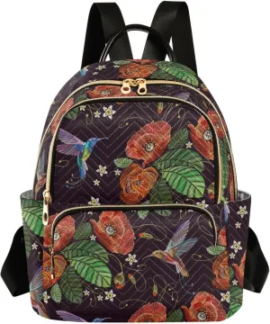 ALAZA Mini Backpack for Women, Humming Birds Red Poppies Travel Backpack Purse for Ladies, Small Bookbag Daypack Shoulder Bag M