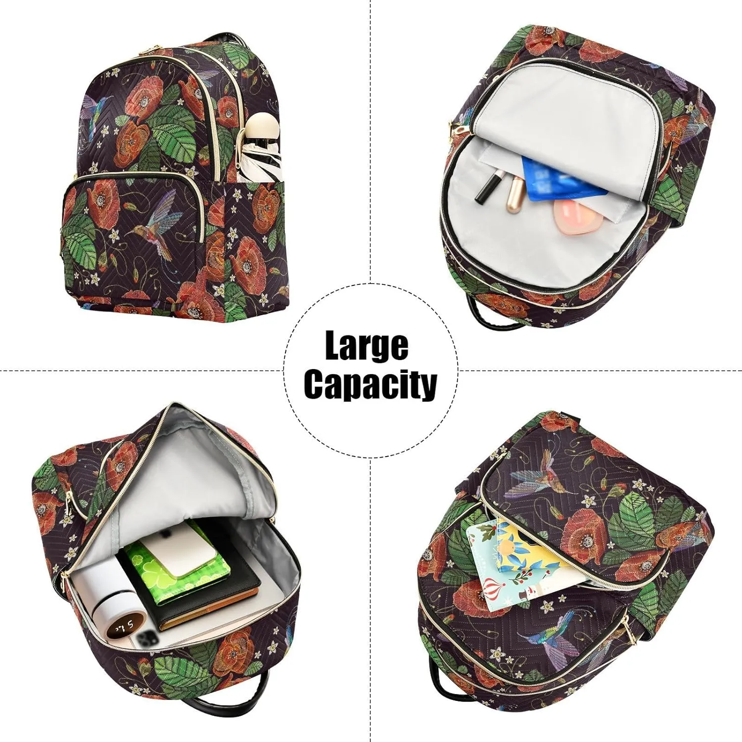 ALAZA Mini Backpack for Women, Humming Birds Red Poppies Travel Backpack Purse for Ladies, Small Bookbag Daypack Shoulder Bag M