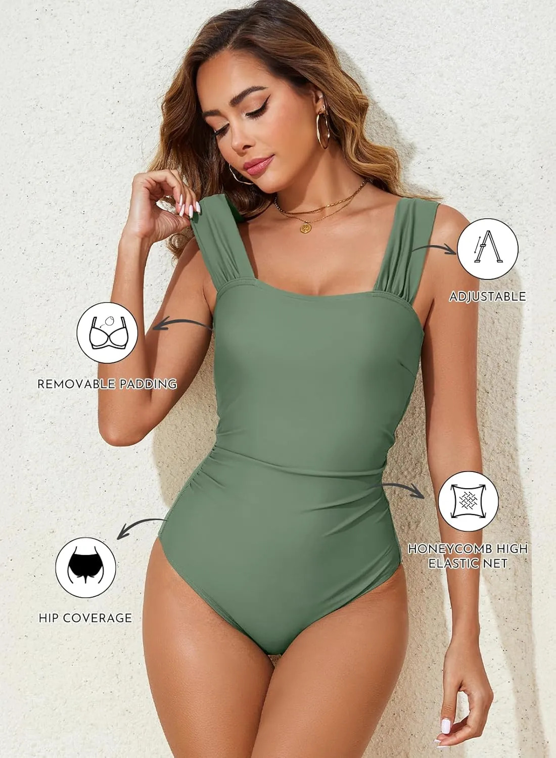 Aleumdr Women's One Piece Swimsuit Ruched Tummy Control Bathing Suit Adjustable Strap Full Coverage Swimwear