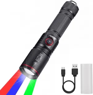 ALONEFIRE SV96 RGB Red Light Flashlight White Green Light Blue Light LED Flashlight Multicolor 4 in 1 USB C Rechargeable Zoomable Strobe Mode with Battery for Night Observation, Animal, Astronomy