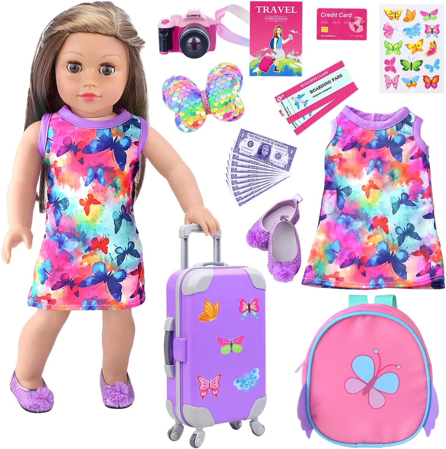 American Doll Clothes and Accessories 18 Inch Doll Playset with Suitcase, Dresses, Shoes, Backpack and Other Doll DIY Butterfly Stuff for Girl Doll Gift Present for Children (NOT Includ Doll)