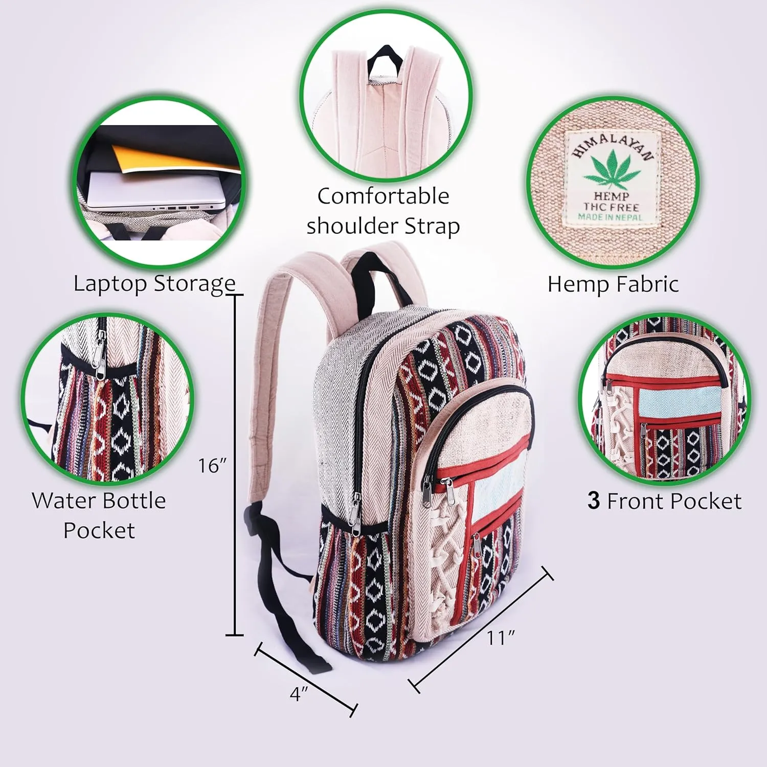 Anitya Hemp Backpack, Multi-Functional Pockets, Eco-Friendly, Unisex, Hiking Daypack, Durable Rucksack (AHLB09)