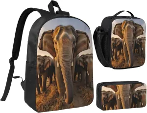 Asian Elephant print Backpack Set Casual Shoulder Bag Lunch Bag Pen Pouch 3 in 1 Set 17inch for Women Men College