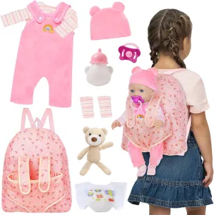 Baby Doll Clothes with Doll Backpack Carrier for 14-18 Inch Doll,Reborn Baby Doll Accessories Set with Doll Bottles Doll Pacifiers for Toddlers and Kids 2 3 4 5 Year Old（Doll not Included）
