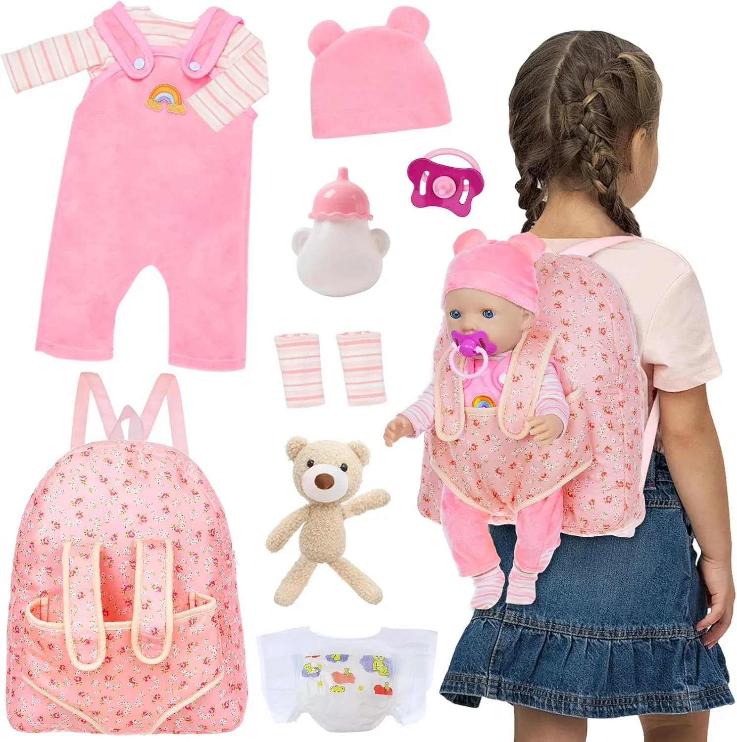 Baby Doll Clothes with Doll Backpack Carrier for 14-18 Inch Doll,Reborn Baby Doll Accessories Set with Doll Bottles Doll Pacifiers for Toddlers and Kids 2 3 4 5 Year Old（Doll not Included）
