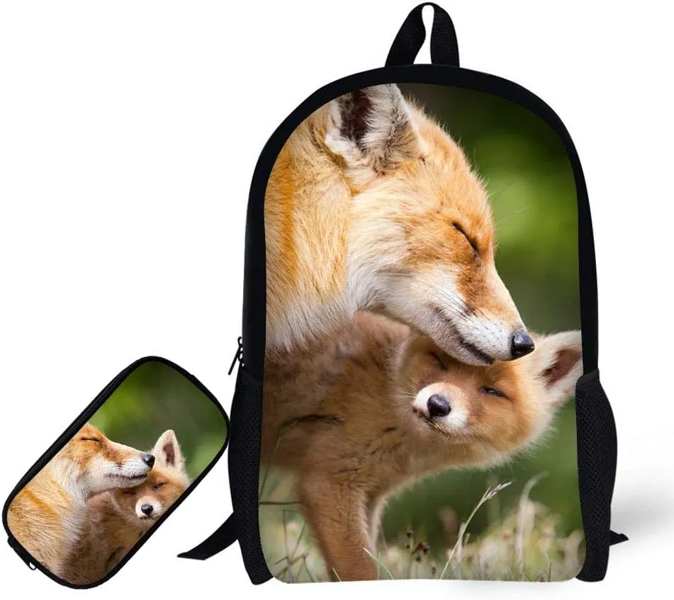Backpack with Pencil Bag, Animal 3D Fox Pattern for Age 6-15 Years Old Kids Boys Girls