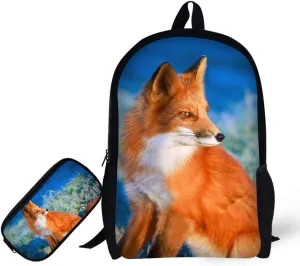 Backpack with Pencil Bag, Animal 3D Fox Pattern for Age 6-15 Years Old Kids Boys Girls