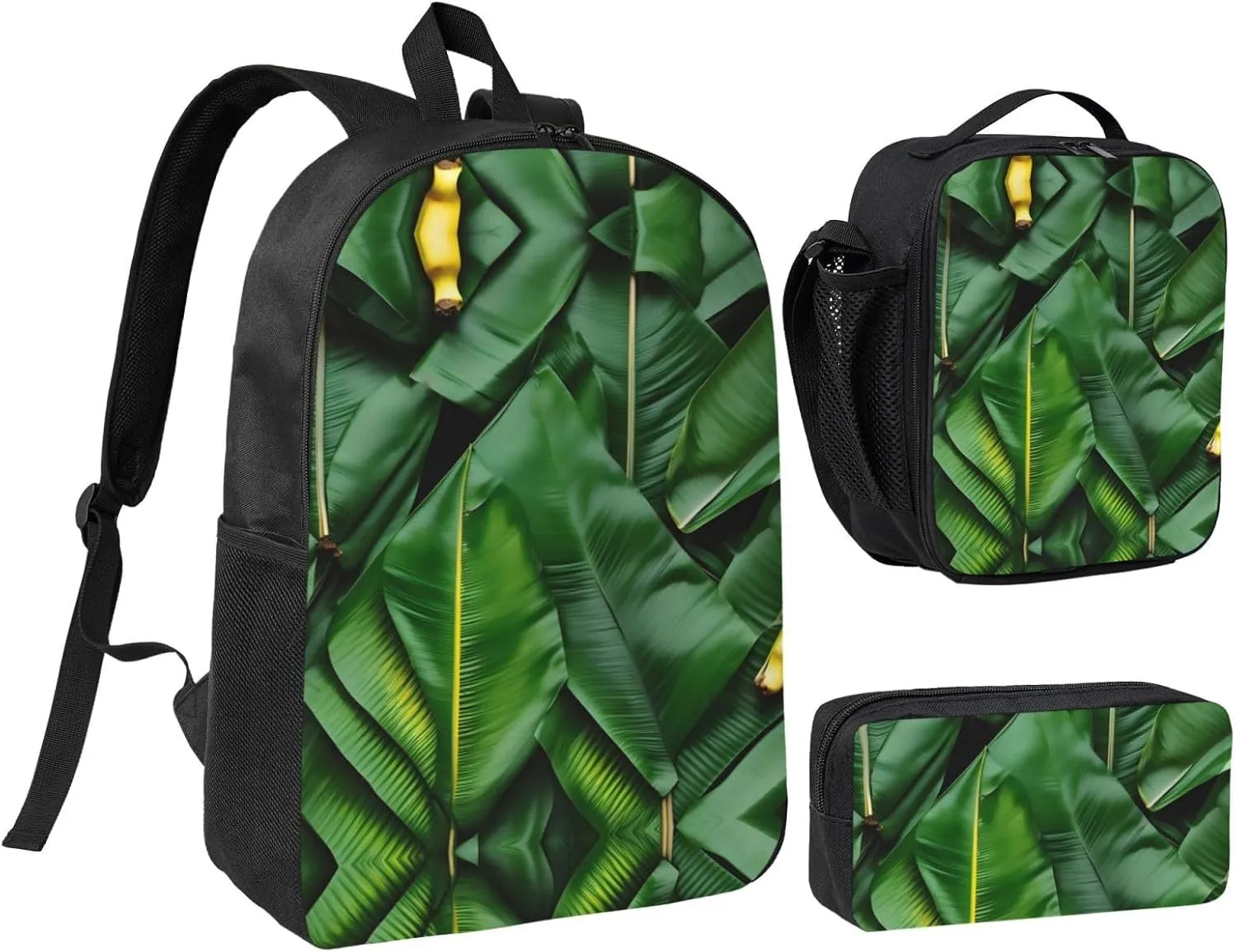 Banana Leaves print Backpack Set Casual Shoulder Bag Lunch Bag Pen Pouch 3 in 1 Set 17inch for Women Men College