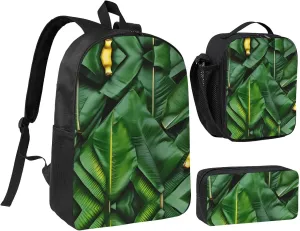 Banana Leaves print Backpack Set Casual Shoulder Bag Lunch Bag Pen Pouch 3 in 1 Set 17inch for Women Men College