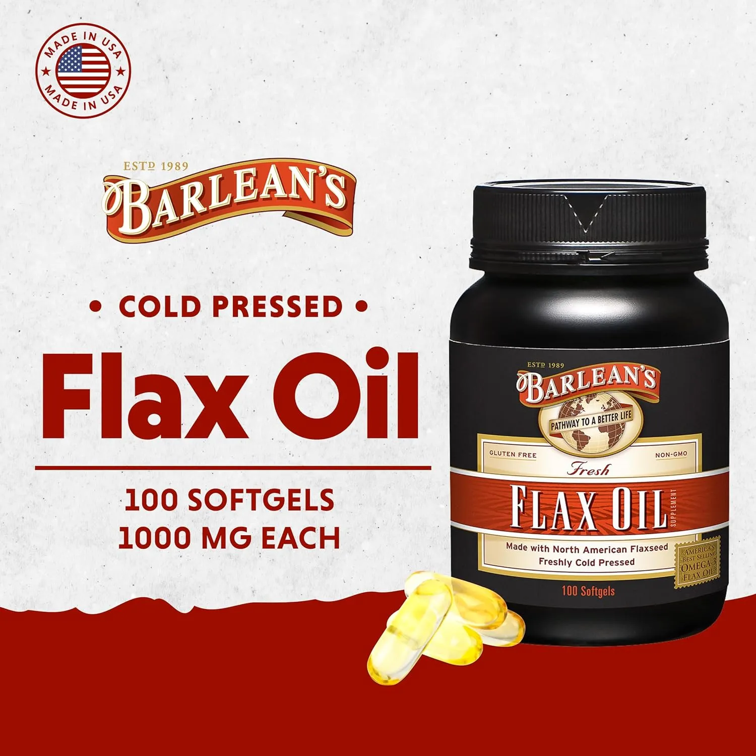 Barlean's Flaxseed Oil Softgels, Cold-Pressed Flax Seed Supplement with 1,650 mg ALA Omega-3 Fatty Acids, 1000mg, 100 ct