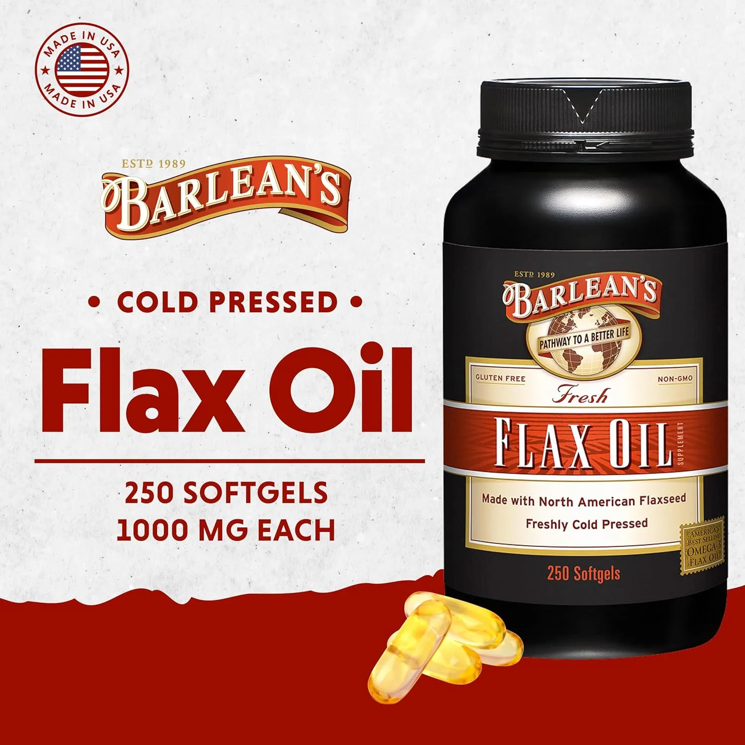 Barlean's Flaxseed Oil Softgels, Cold-Pressed Flax Seed Supplement with 1,650 mg ALA Omega-3 Fatty Acids, 1000mg, 250 ct