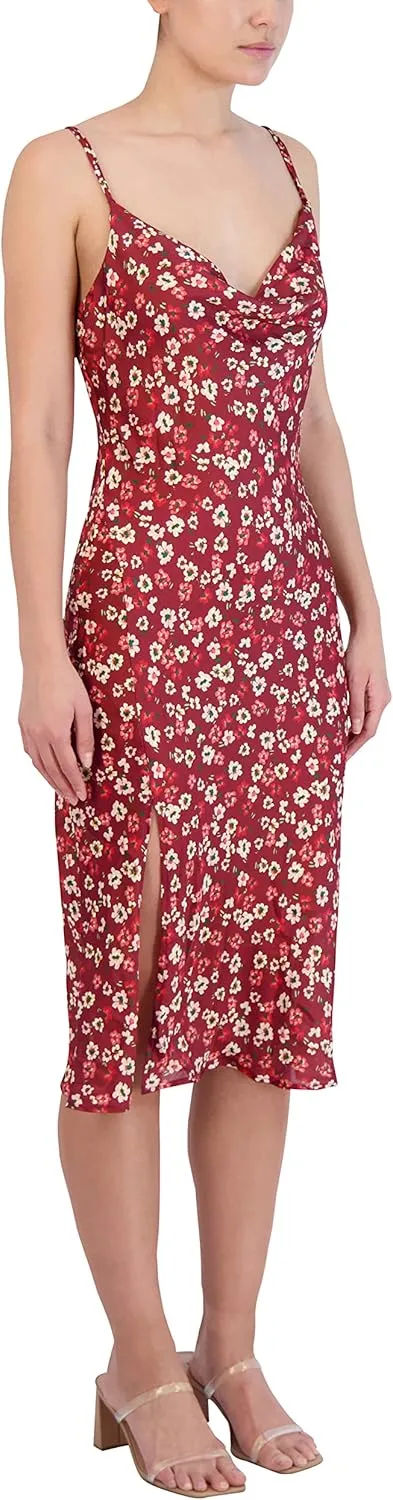 BCBGeneration Women's Relaxed Midi Dress Adjustable Spaghetti Strap Cowl Neck Side Slit
