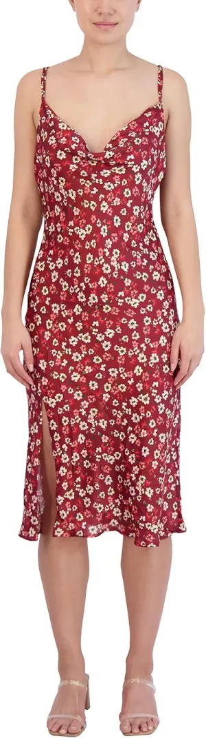 BCBGeneration Women's Relaxed Midi Dress Adjustable Spaghetti Strap Cowl Neck Side Slit