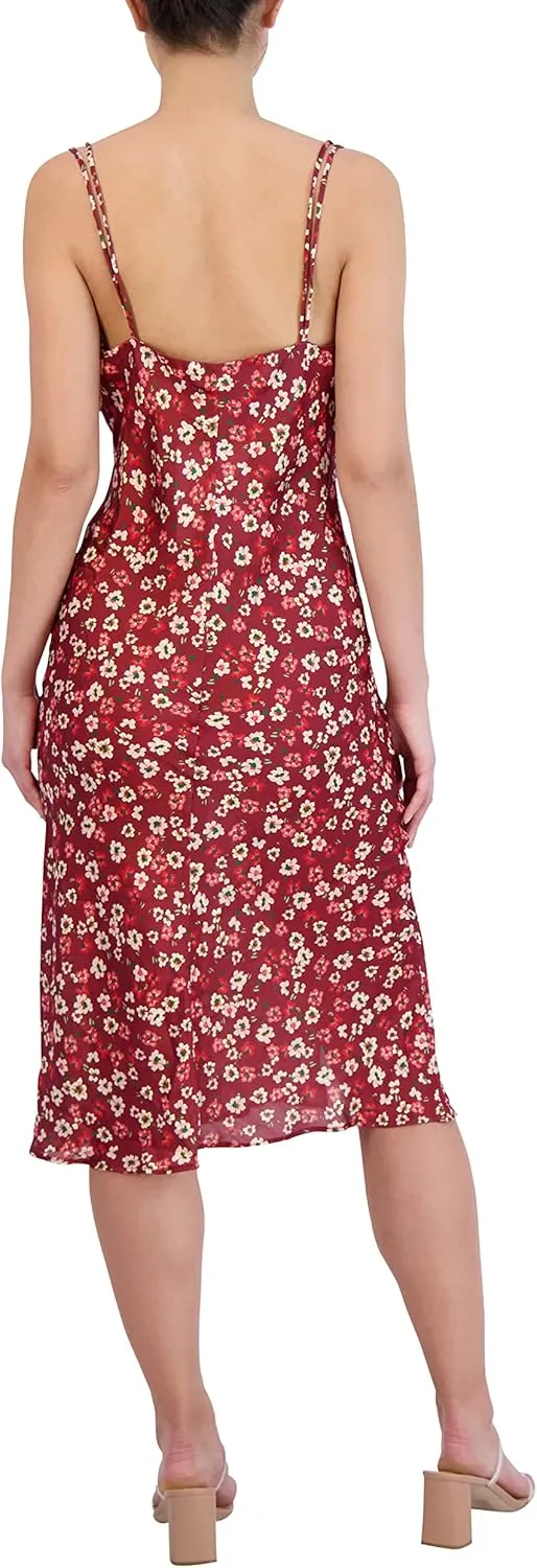 BCBGeneration Women's Relaxed Midi Dress Adjustable Spaghetti Strap Cowl Neck Side Slit