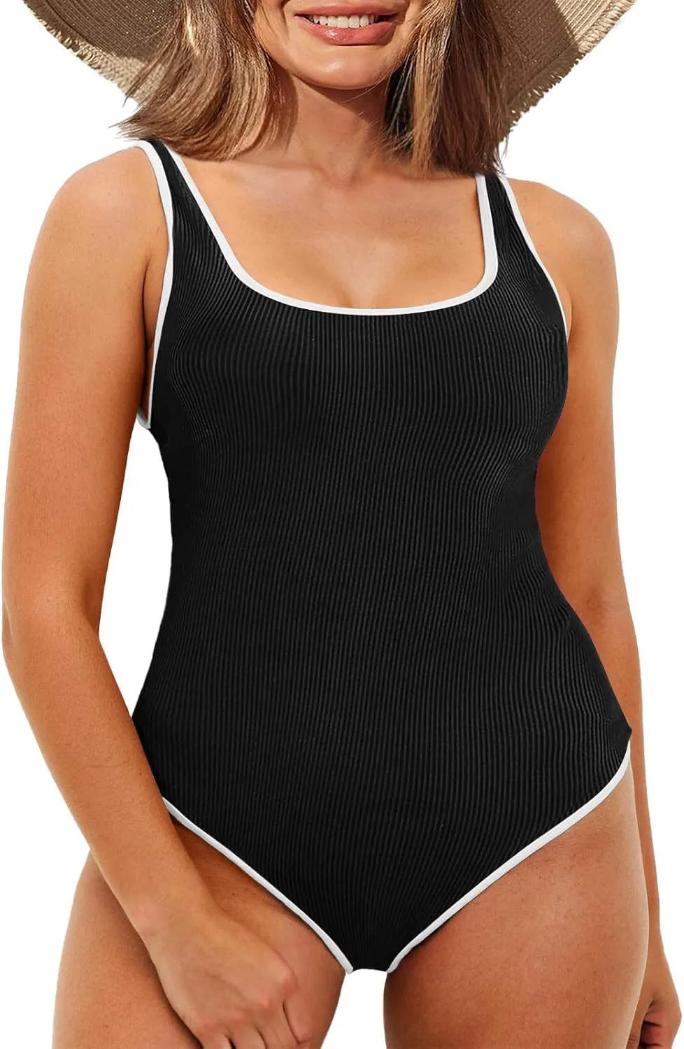 Beautife Womens Plus Size One Piece Swimsuit Athletic High Cut Color Block Ribbed Adjustable Wide Strap Bathing Suit