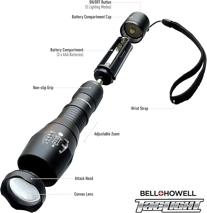 Bell Howell Taclight Flashlight w/Holster LED Tactical Flashlight 5 Modes & Zoom Function 22X Brighter WaterProof Security Flashlight High Lumens for Outdoor Camping Accessories As Seen On TV
