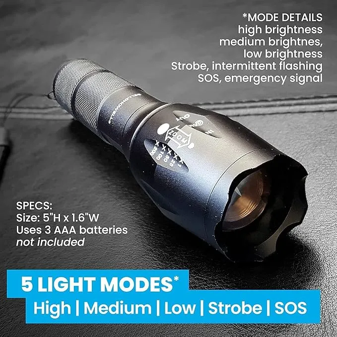 Bell Howell Taclight Flashlight w/Holster LED Tactical Flashlight 5 Modes & Zoom Function 22X Brighter WaterProof Security Flashlight High Lumens for Outdoor Camping Accessories As Seen On TV