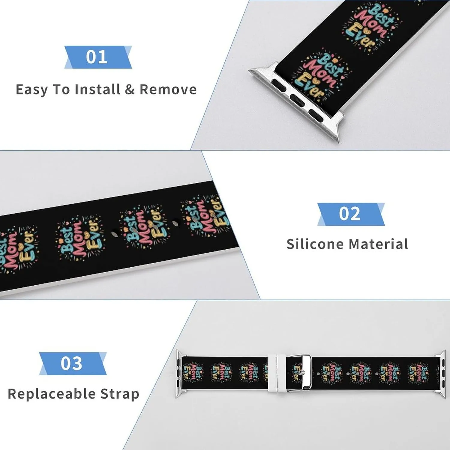 Best Mom Ever Adjustable Silicone Watchband Compatible with IWatch Classic Soft Sports Watch Strap for Men Women
