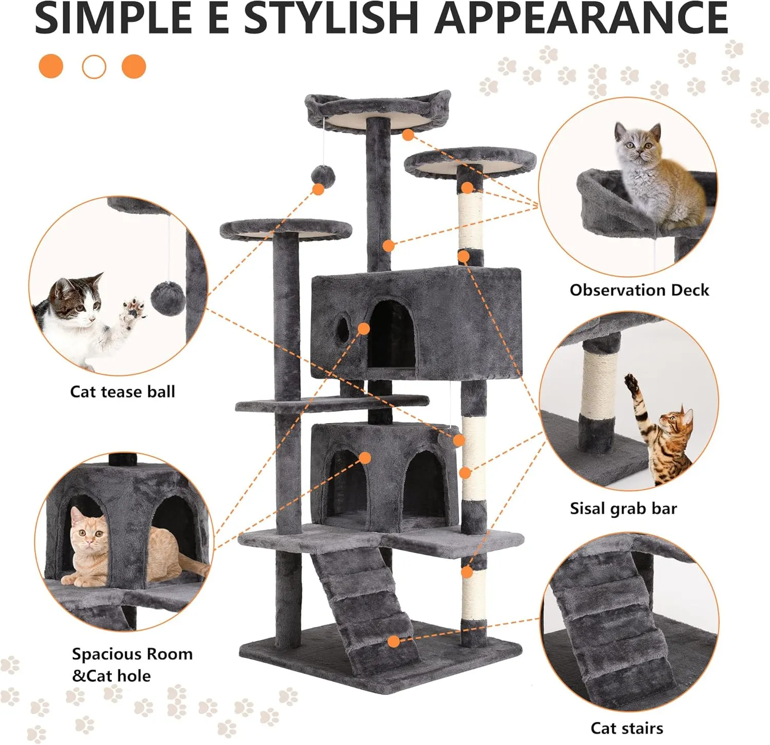 BestPet 54in Cat Tree Tower for Indoor Cats,Multi-Level Furniture Activity Center with Scratching Posts Stand House Condo Funny Toys Kittens Pet Play House,Light Gray