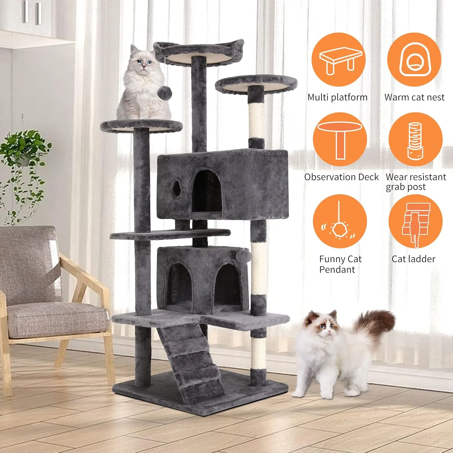 BestPet 54in Cat Tree Tower for Indoor Cats,Multi-Level Furniture Activity Center with Scratching Posts Stand House Condo Funny Toys Kittens Pet Play House,Light Gray