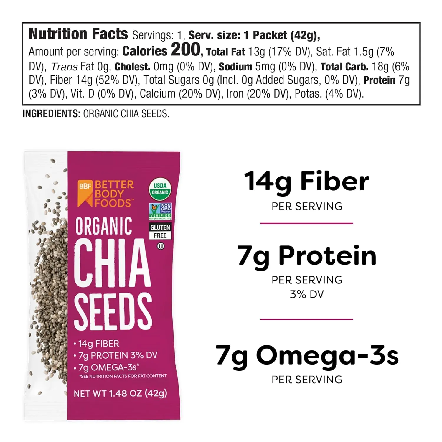Betterbody Foods Organic Chia Seeds, 1.48 oz packets (Pack of 24)