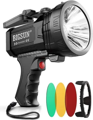 BIGSUN Q953 Spotlight, High Lumens LED Flashlight with Floodlamp and 3 Color Lens, Built-in Rechargeable 10000mAh Battery Pack, Outdoor Handheld Flashlight for Farm,Hunting,Observe Animals
