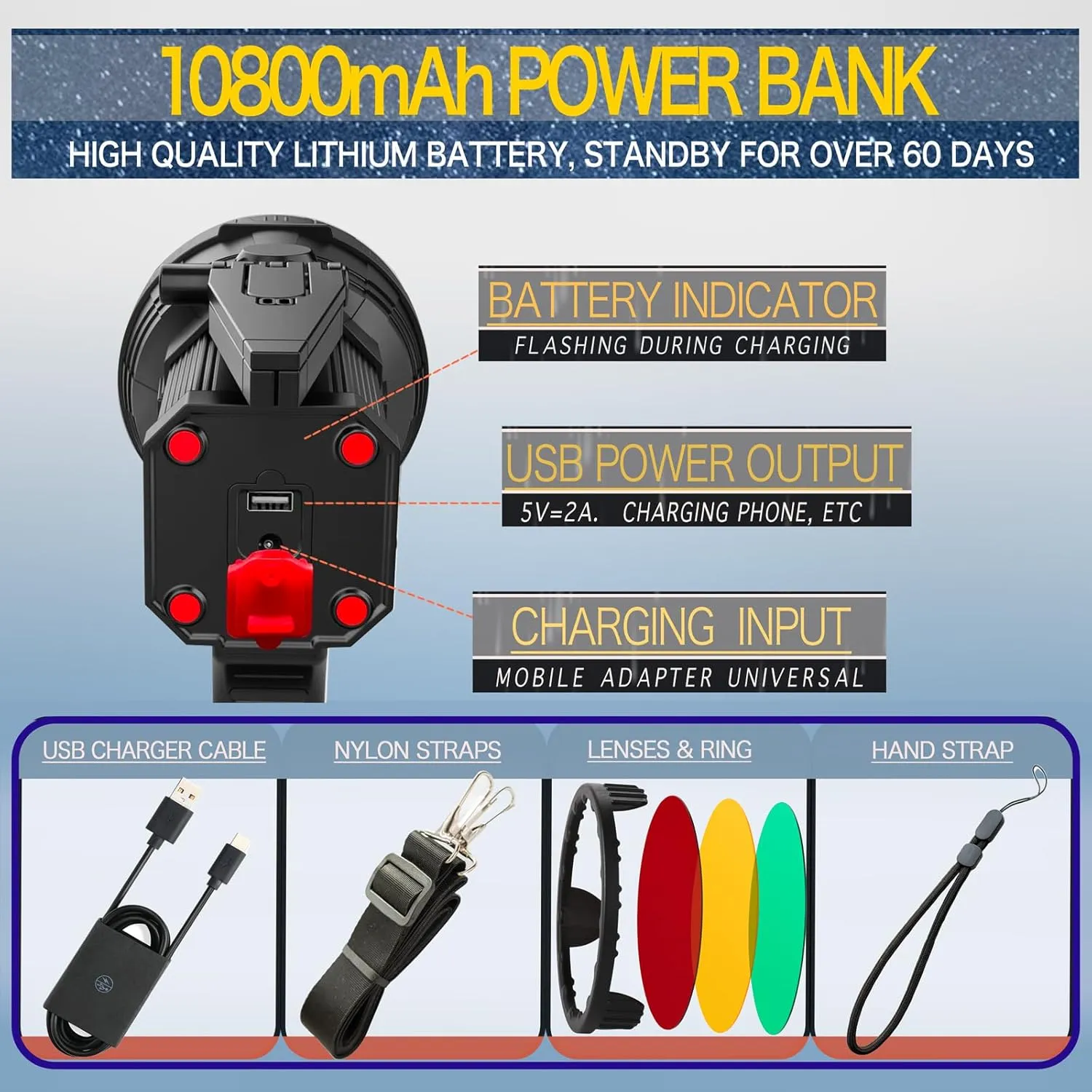 BIGSUN Q953 Spotlight, High Lumens LED Flashlight with Floodlamp and 3 Color Lens, Built-in Rechargeable 10000mAh Battery Pack, Outdoor Handheld Flashlight for Farm,Hunting,Observe Animals