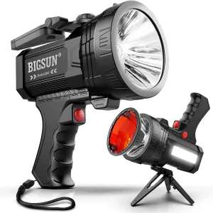 BIGSUN Q953 Spotlight, Rechargeable High Lumen LED Flashlight with Red Lens, 10000 mAh Power Bank, Side floodlight and Warning Light, Home Safety, Camping, Boat, Hunting