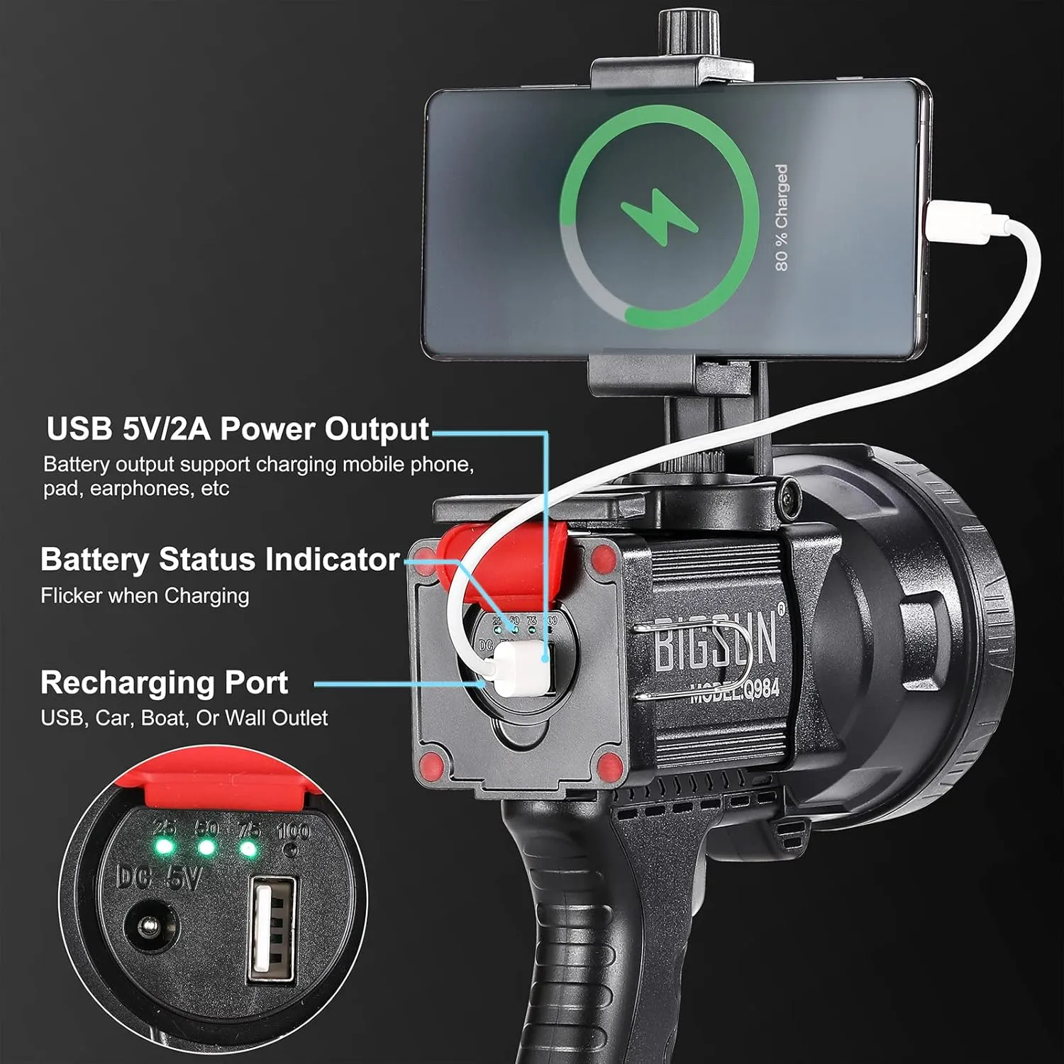 BIGSUN Q984 Spotlight, LED Flashlight with 4 Color Lenses and Phone Holder, Built-in 14000mAh Rechargeable Battery Pack, Outdoor Handheld spot Light for Home Security, Camping, Boating, Hunting