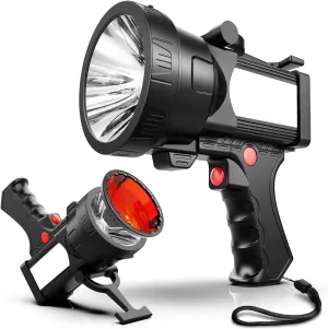 BIGSUN Q984 Spotlight, LED Flashlight with Floodlamp and Red Lens, Built-in 14000mAh Rechargeable Battery Pack, Outdoor Handheld Flashlight for Security, Camping, Boating, Hunting