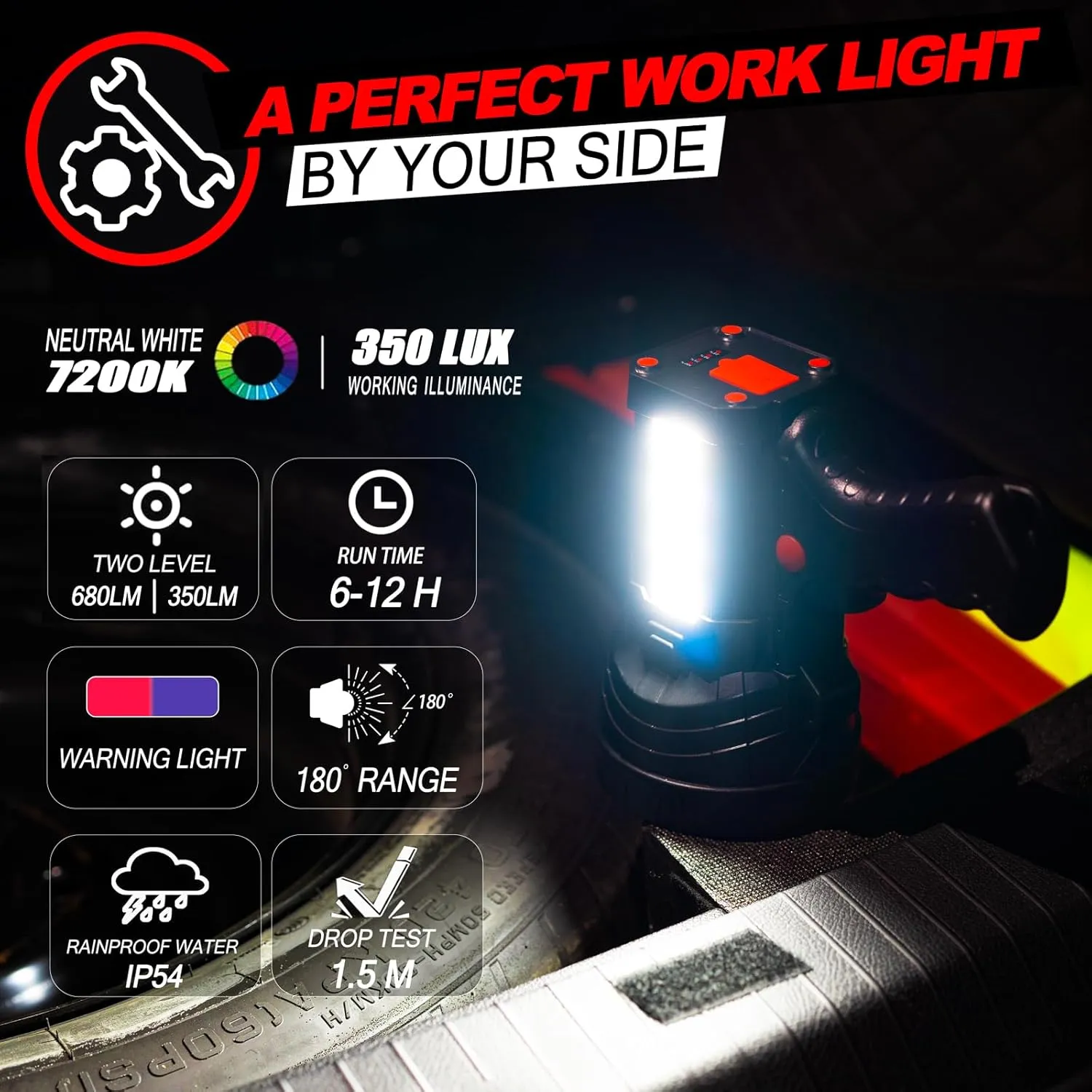 BIGSUN Q984 Spotlight, LED Flashlight with Floodlamp and Red Lens, Built-in 14000mAh Rechargeable Battery Pack, Outdoor Handheld Flashlight for Security, Camping, Boating, Hunting