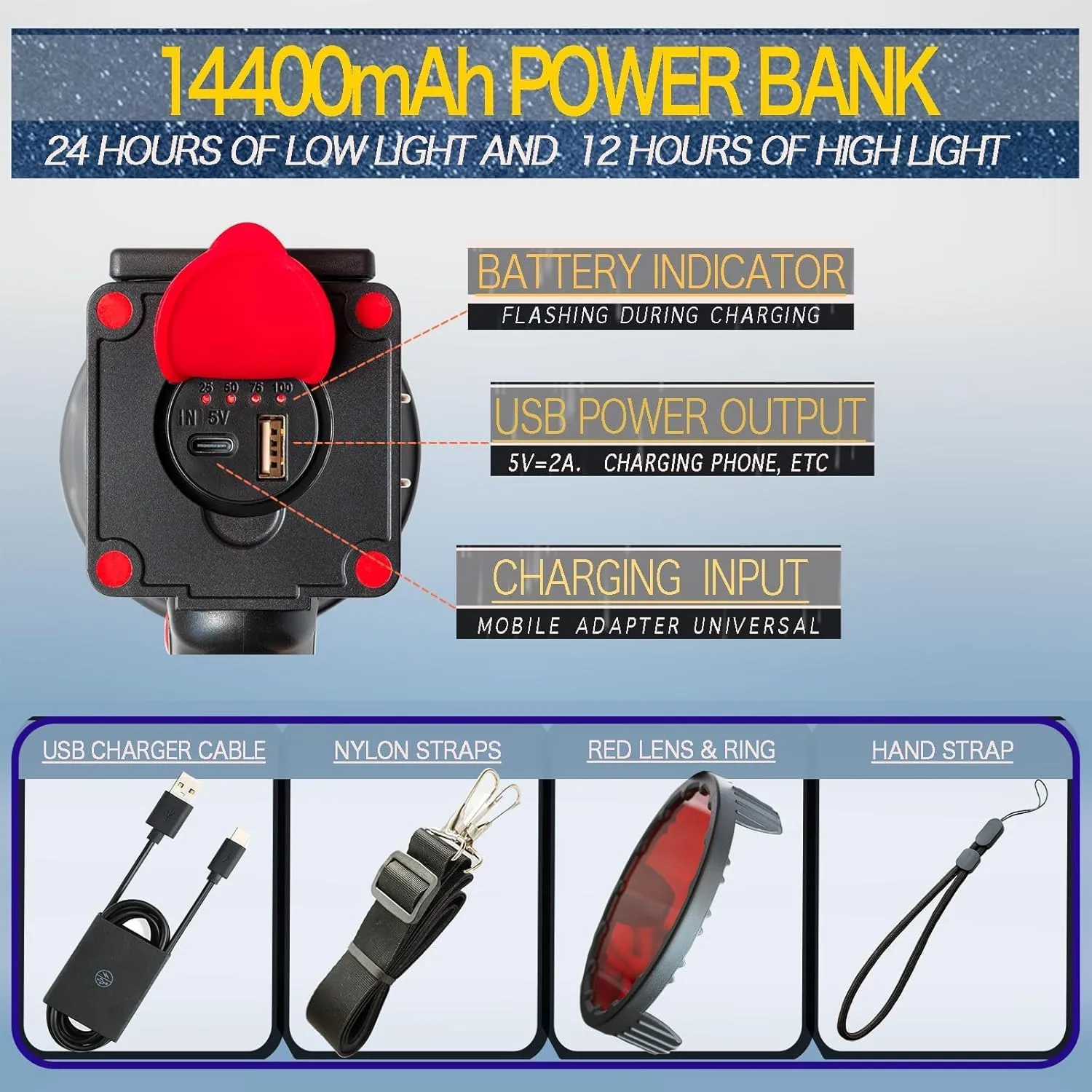 BIGSUN Q984 Spotlight, LED Flashlight with Floodlamp and Red Lens, Built-in 14000mAh Rechargeable Battery Pack, Outdoor Handheld Flashlight for Security, Camping, Boating, Hunting