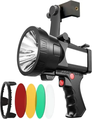 BIGSUN Spotlight, LED Flashlight with 4 Color Lenses and Phone Holder, Built-in 14000mAh Rechargeable Battery Pack, Outdoor Handheld spot Light for Home Security, Camping, Boating, Hunting