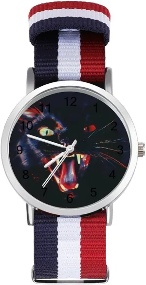 Black Cats Showing Fangs Lightweight Wrist Watch Adjustable Nylon Band Outdoor Sport Work Wrist Watch Easy to Read Time