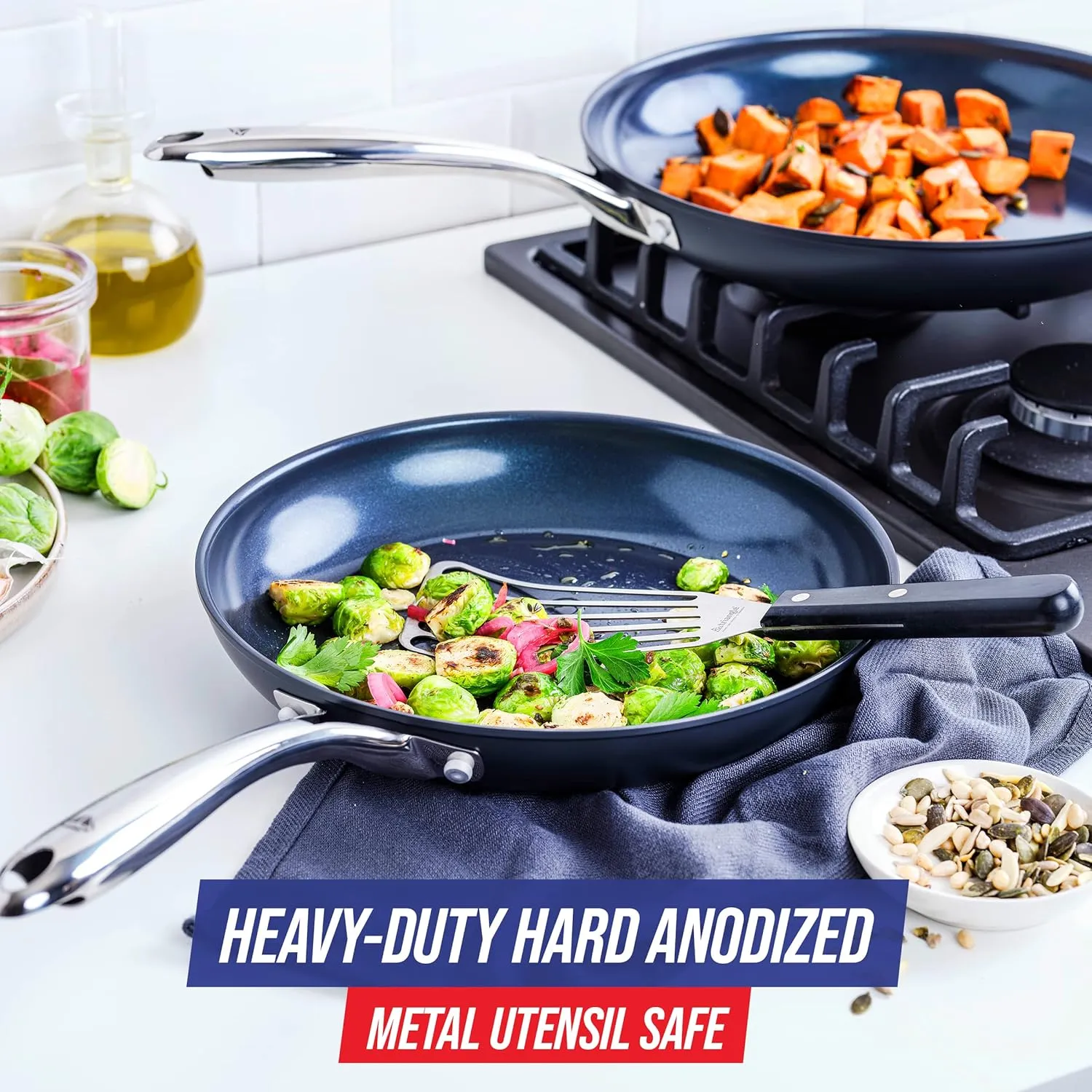 Blue Diamond Cookware 10" and 12" Skillet Frying Pan Set, Hard Anodized Healthy Ceramic Nonstick PFAS & PFOA-Free, Dishwasher & Oven Safe, Even Heating, Metal Utensil Safe, Warp Control, Gray