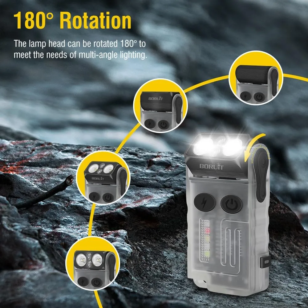 BORUIT V20 Small Powerful Flashlight 180°Head Swivels Super Bright with Cob Side Light, USB C Rechargeable Flashlight with Two-Way Clip,Lanyard and Keychain, Magnetic Buzzer - 13 Modes