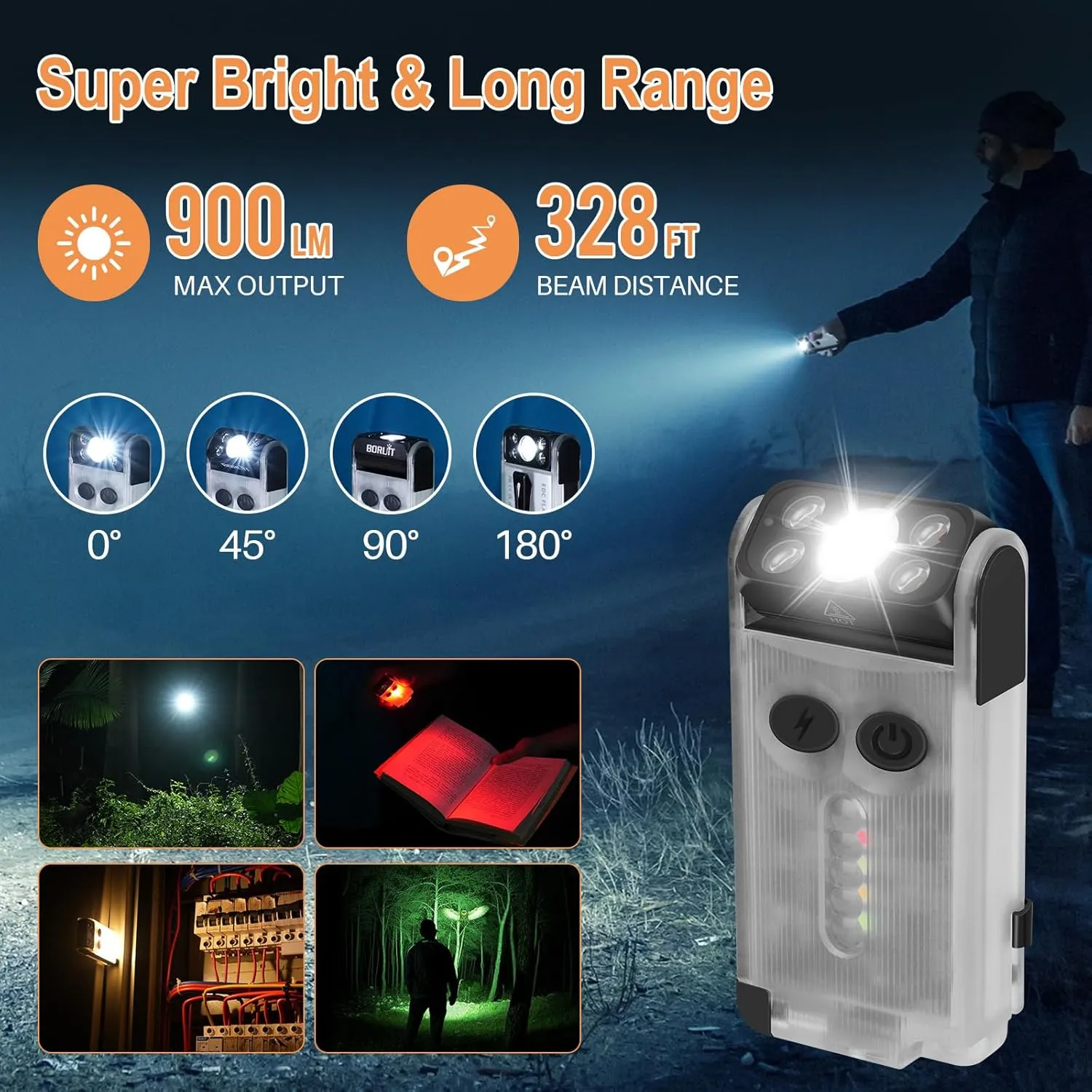 BORUIT V30 LED Small Powerful EDC Flashlight with Red and 365nm UV Light,180°Rotation,USB A/C-C Rechargeable Pocket Flat Keychain Flashlight with Clip,120DB Buzzer,Power Bank Function(White)