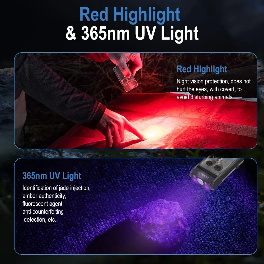 BORUIT V30 Small LED Flashlight - 365nm UV, Red/Green Light, 180° Swivel, Magnetic EDC Clip, Powerful Flashlights USB-C Rechargeable, Mini Pocket Keychain Flash Light IP65, 120dB, Black